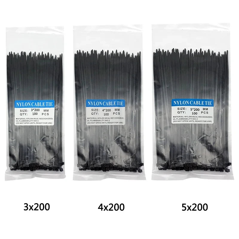 300pcs Three mode Self-Locking Plastic Nylon Wire Cable Zip Ties Black Cable Ties Fasten Loop Cable Various specifications -