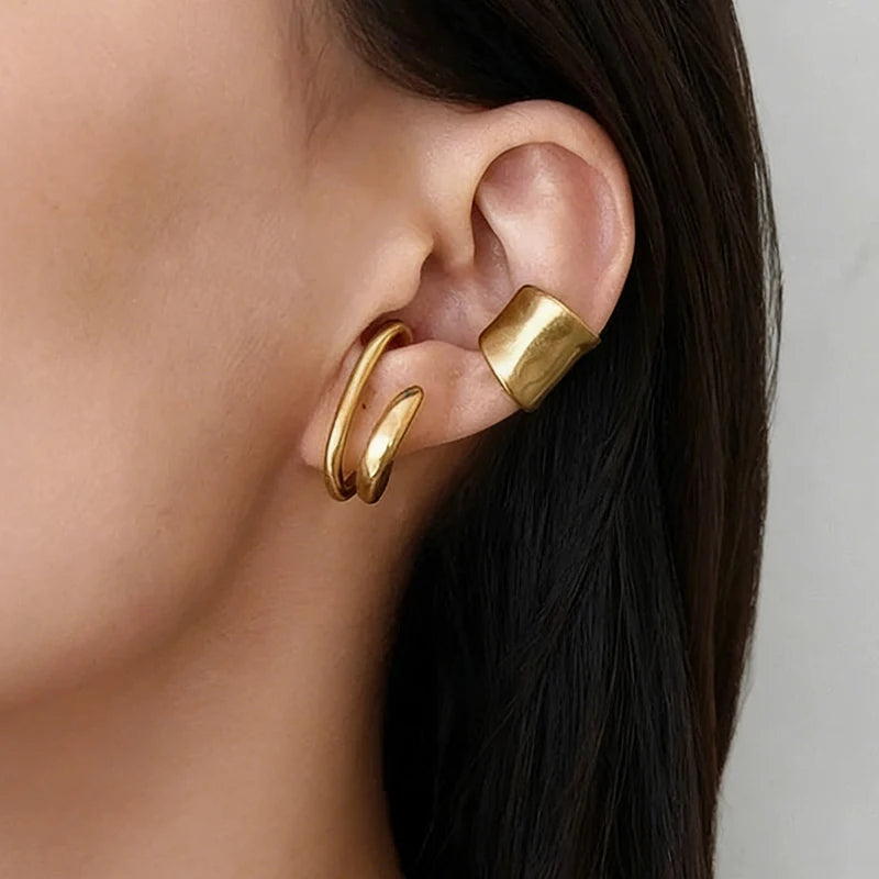 Vintage Fake Piercing Earcuff Double Circle Ear Cuff Faux Earrings for Women Man Hiphop Cuffs Earclips Accessories Korean Fas