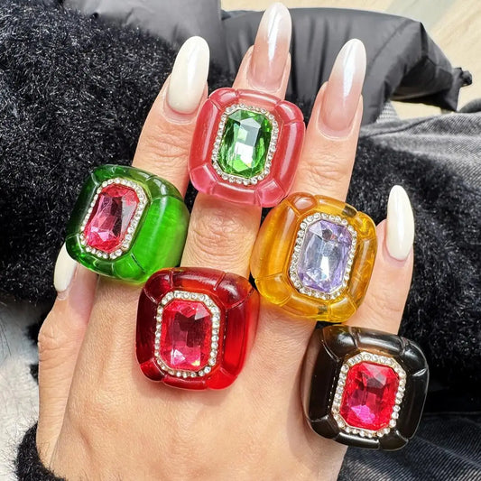 Colorful Diamond-Studded Gemstone Resin Ring Sparkling, Unique, Fashionable Women's Jewelry Perfect for Parties Banquets NEW