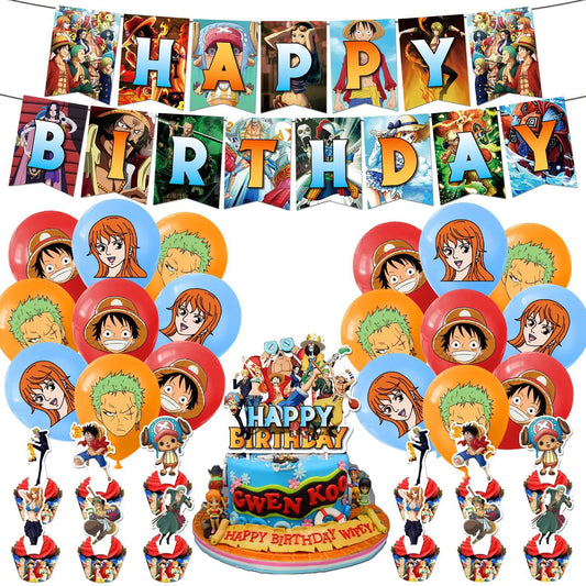 One Piece Birthday Party Dinner Plates Hanging Banner Cake Decoration One Piece Luffy Balloon Party Decoration Theme Props Gi