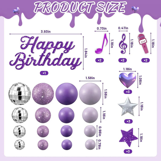 Complete K-Pop Party Cake Topper: Purple Disco Balls, Mic, Hearts & “Happy Birthday” – Music Theme Decor