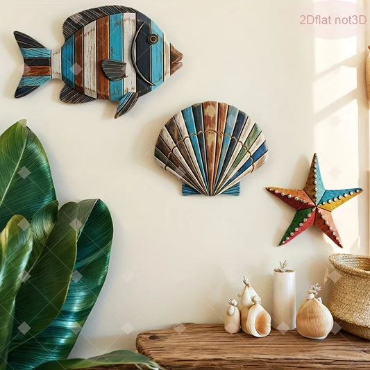 1 Set of Colorful Wooden Ocean Art Wooden Sea Fish Shells Starfish Farmhouse Style Decor Living Room Bedroom Wall Art Decorat