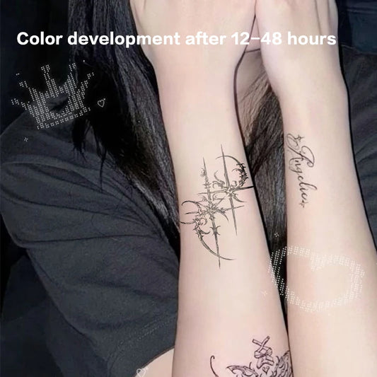 Sexy Hotwife Trend Temporary Tattoos Arm Waterproof Fake Tatto Dark Gothic Cross Herbal Juice Tattoo Sticker Bodyart Charm Pa