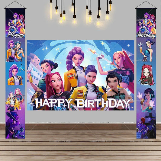 Hot KPop Demon Hunters Backdrop Door Banner Kids Adult Birthday Party Decorations Baby Shower Photo Booth Background Props