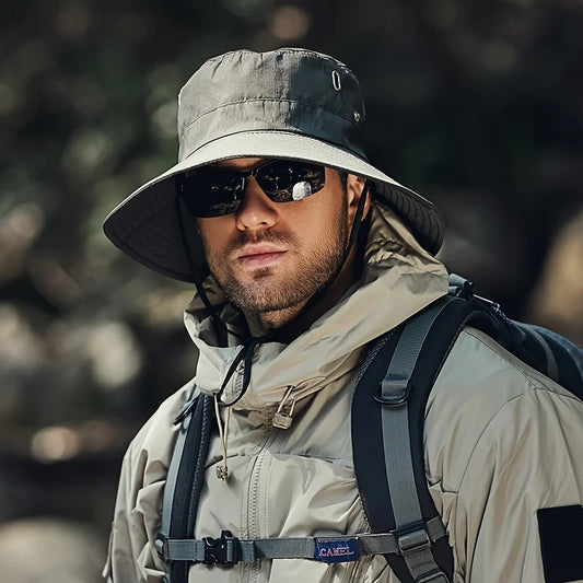 Wide Brim Bucket Hat for Men Women UV Protection Sun Hat with Adjustable Chin Strap Breathable Mesh for Hiking Fishing Campin