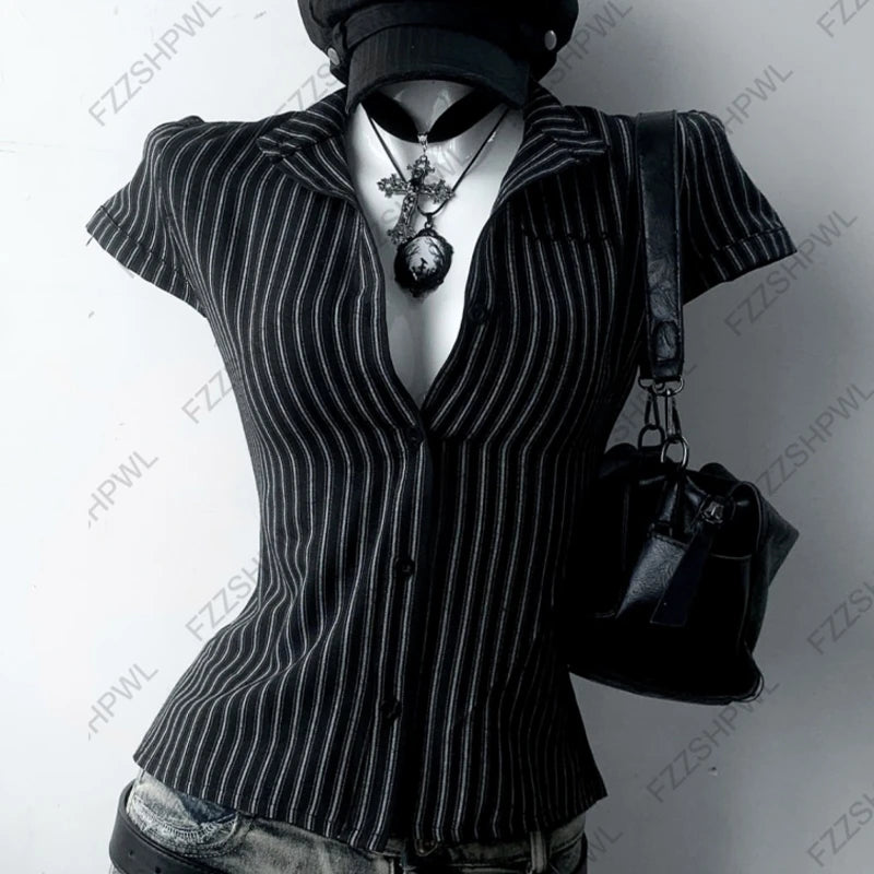 Gothic Women's Shirt Chic Aesthetic Grunge High Street American Style Striped Lace-up Slim Fit Fashion Hip Hop Short Sleeve T