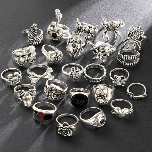 24 Pcs Gothic Skeleton Unisex Ring Set Punk Grunge Butterfly Frog Woman Man Jewelry Hip Hop Party Street Ring Accessories Gif
