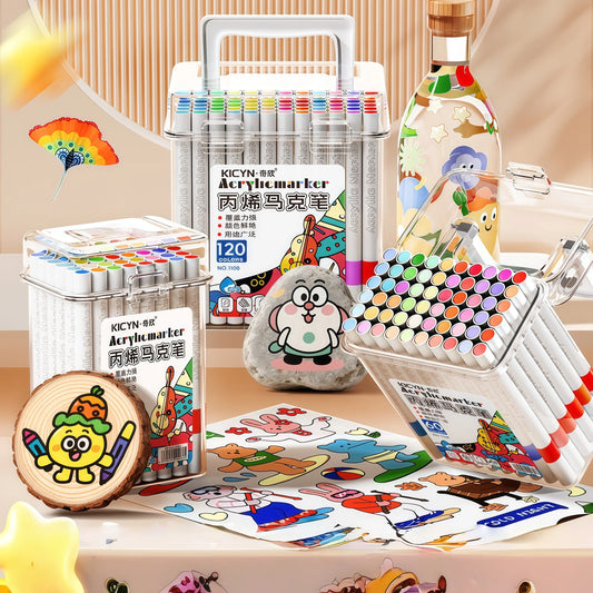 Water-Washable, Non-Bleeding, Layerable Acrylic Markers for Primary School Students - Waterproof, Bucket-Packed Colored Pens