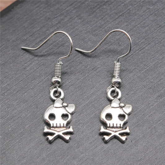 Fashion Handmade Simple Design Antique Silver Color Bow Skull Pendant Earrings Women Vintage Drop Earrings