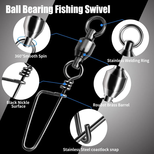 FishTrip Fishing Snap Swivels Ball Bearing Swivels with Stainless Steel Coastlock Snap Corrosion Resistant Black Nickel Coati