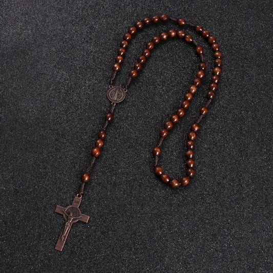 Christ Jesus Wooden Beads 8mm Rosary Bead Cross Car Pendant Woven Rope Chain Necklace Religious Orthodox Praying Jewelry