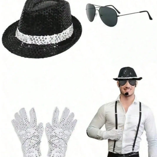 Michael Jackson Costume Accessories Set - Sequin Fedora Hat + Rhinestone Gloves + Aviator Sunglasses, Halloween Cosplay Party
