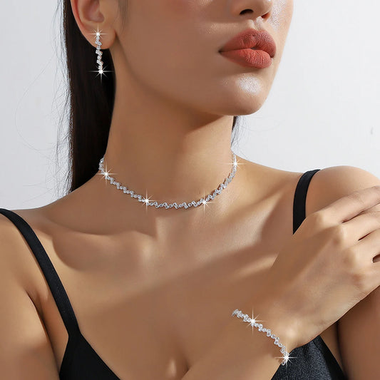 Set of Shiny Silver Plated Collarbone Chain Necklace Bracelet Jewelry, Women's Minimalist Starry Sky Accessories