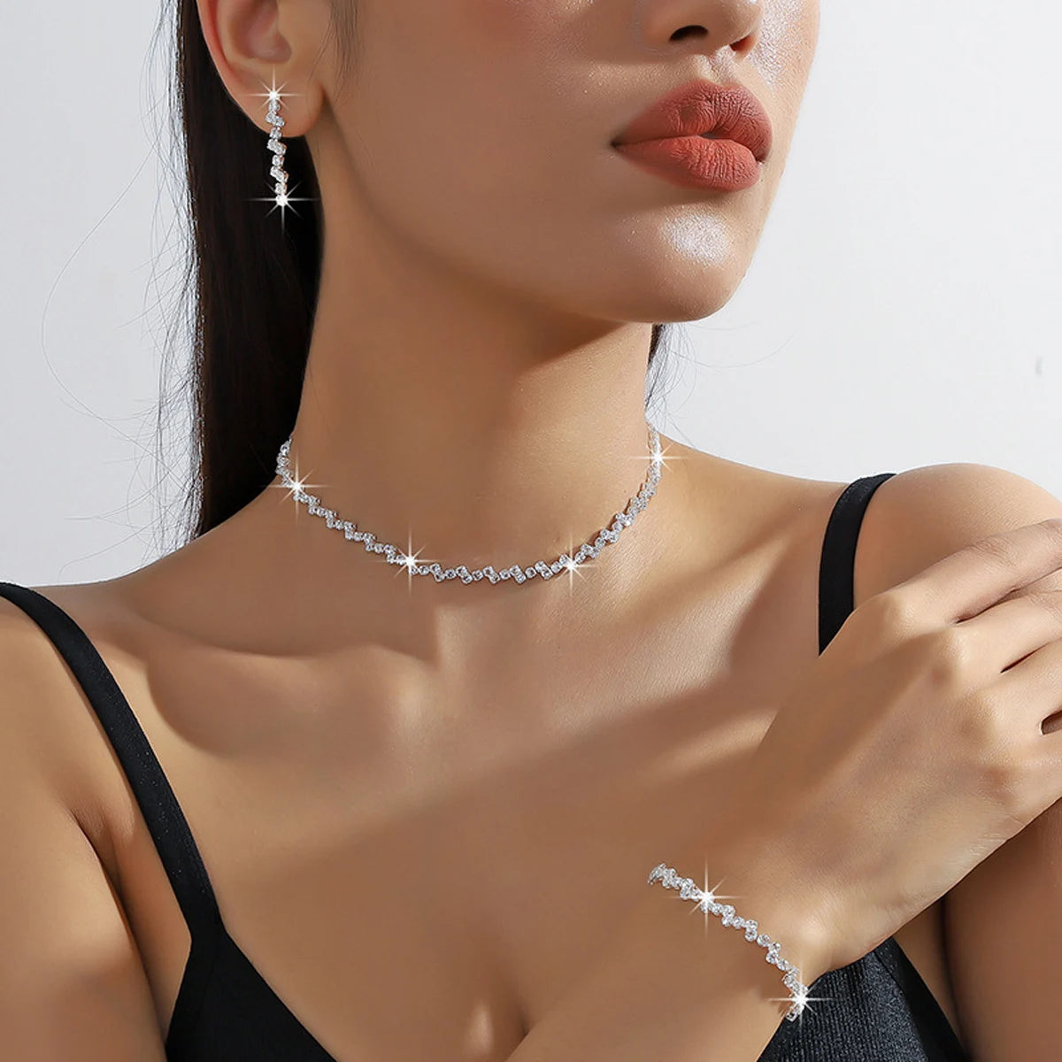 Set of Shiny Silver Plated Collarbone Chain Necklace Bracelet Jewelry, Women's Minimalist Starry Sky Accessories - 808093-S
