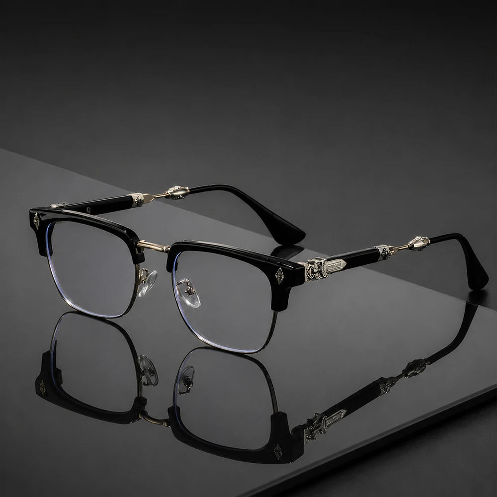 Vintage Cross Carving Glasses Men Women Luxury Half Frame Anti Blue Light Eyeglasses Retro Square Computer Eyewear - Black Go