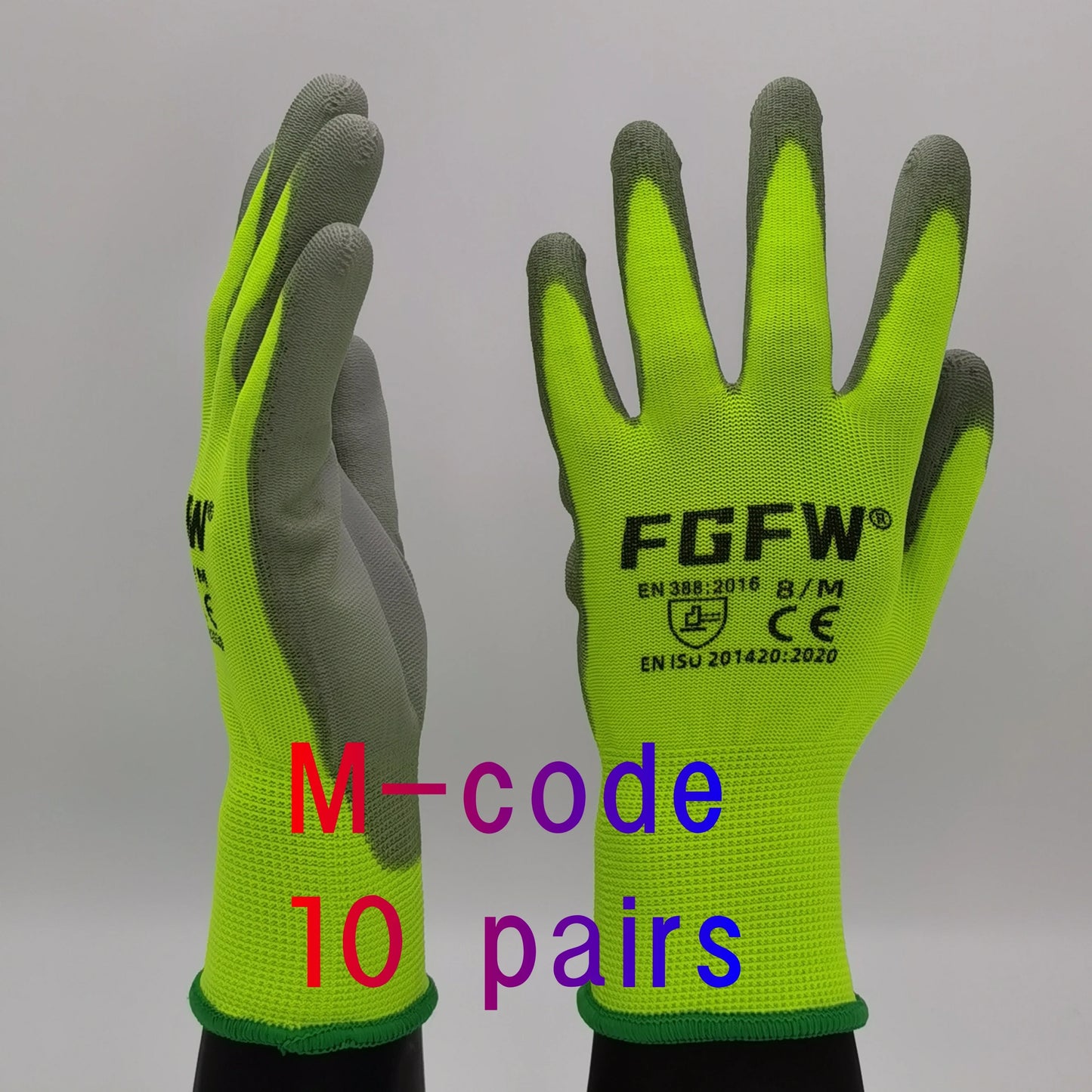 10 Pairs PU Coated Work Gloves - Lightweight, Durable Safety Gloves EN 388/ISO20471 Certified, Sizes S/M/L/XL - M-code 10pair