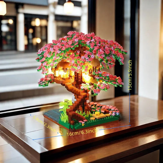 Sakura Tree Micro Blocks with LED Lights - Cherry Blossom Treehouse Model, 3D Romantic Night Glow Decor, Thoughtful Gift for
