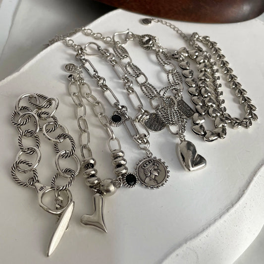 100% Solid 925 Sterling Silver Metal Bracelet for Women Vintage Handmade Simple Retro Heart Chain Bracelet Birthday Gift Part