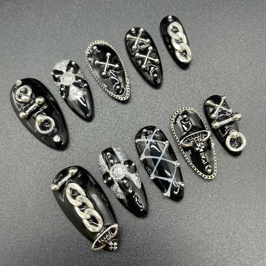 10Pcs Handmade Black Almonds Press On Nails Metal Chain Cool Fashion False Nail Reusable Full Cover Charm Nails Art