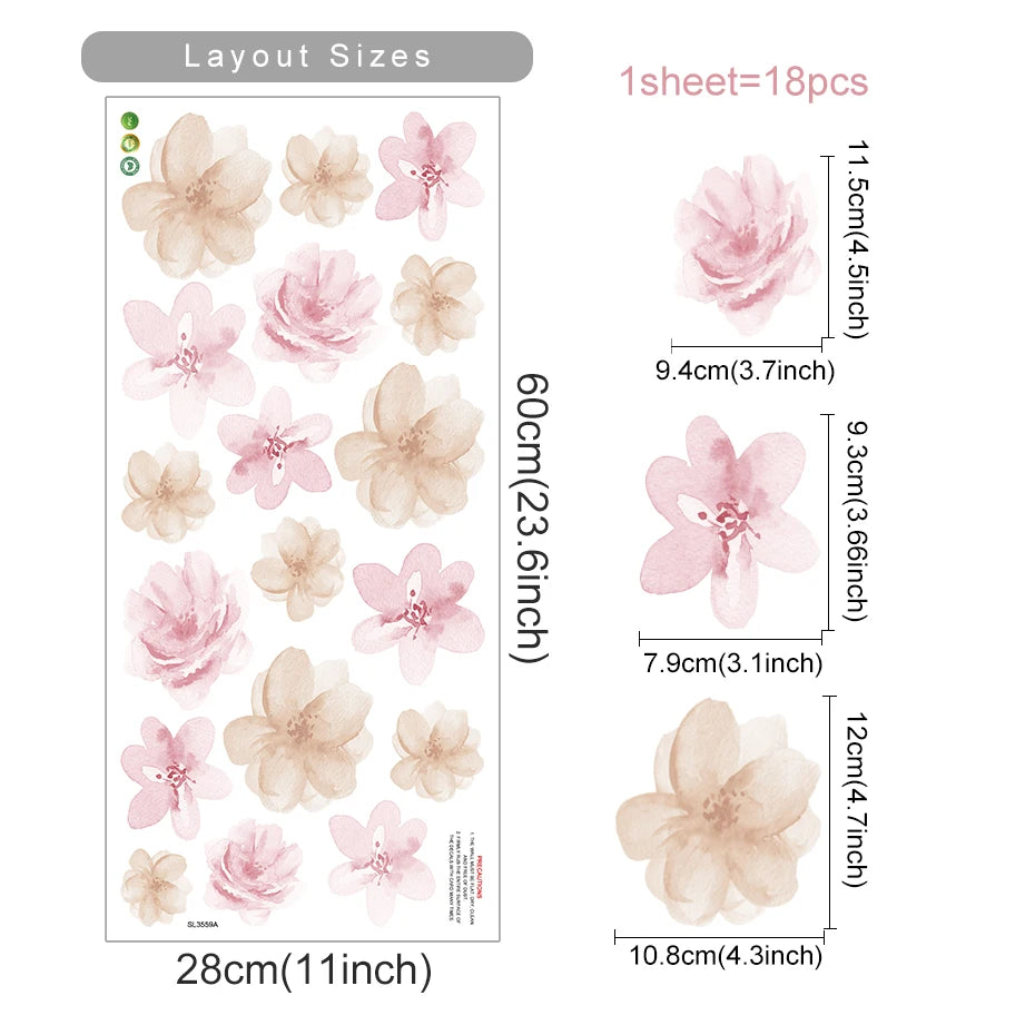 Boho Style Flowers Leaves Watercolor Wall Sticker Nursery Vinyl Wall Art Decals for Living Room Bedroom Kids Room Home Decor