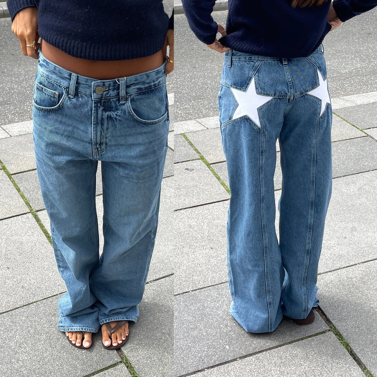 Women's Y2K Vintage Jeans Aesthetic Star Pattern Print Loose Straight Leg Denim Long Pants Casual Low Waist Trousers - Light
