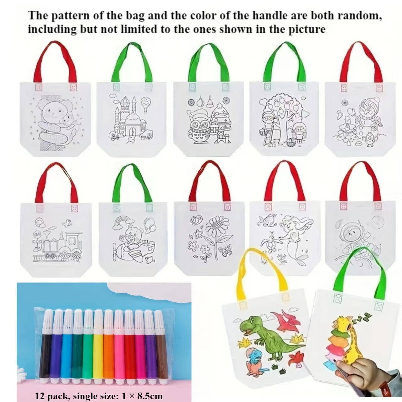24pcs(12 Bags+12 Markers), DIY Graffiti Pack with Colored Markers, Reusable Animal Art Party Gift Bags, Storage Accessories -