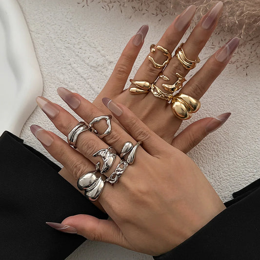 6Pcs/set Vintage Irregular Rings Set Geometric Metal Gold Silver Color Open Ring for Girls Women Men Goth Punk Couple Jewelry
