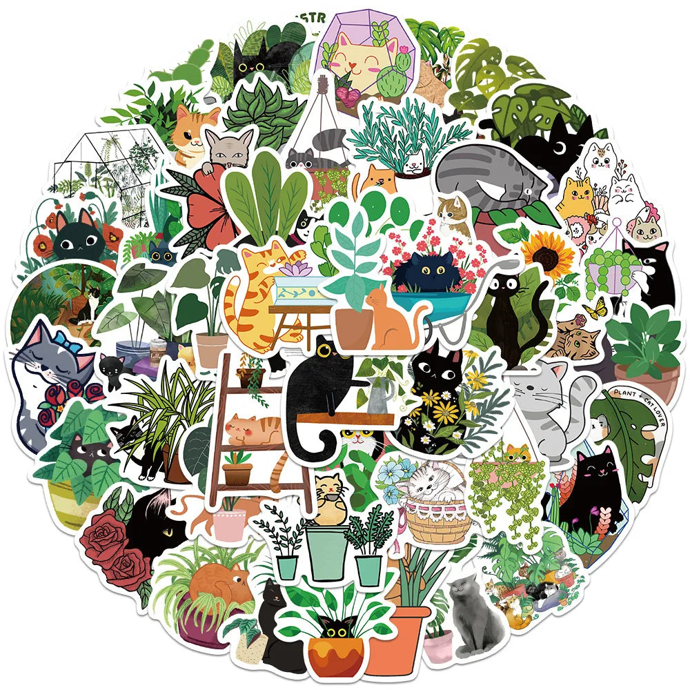 50 PCS Cat and Plant Stickers for Water Bottles,Cute Vinyl Waterproof Laptop Skateboard Stickers Aesthetic Computer Hydroflas