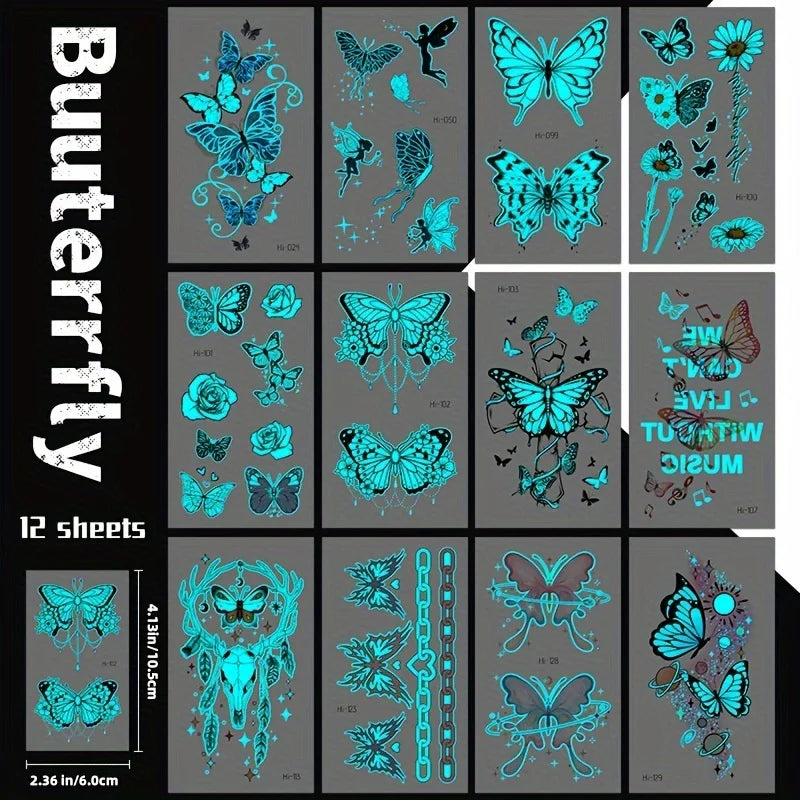 12 Sheets Butterfly Luminous Temporary Tattoo Blue Glow In the Dark Tattoo Sticker For Women Hands Face Tattoo Music Party De