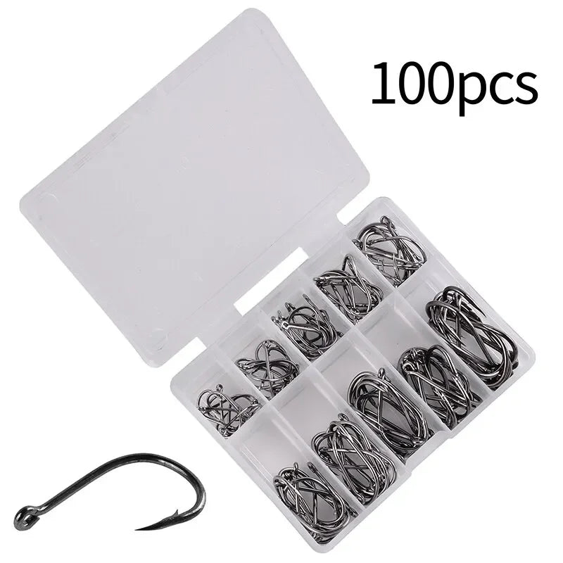 Fishing Hooks Set 100Pcs Box 10 Series High Carbon Steel Single Circle Fishing Hook Fly Fishing Jip Barbed Carp Hooks - 100pc