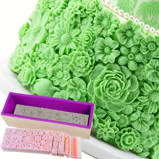 Silicone Wooden Box Soap Mold Making Kit DIY Artistic Soap Making Mold with Flexible Rectangle Floral Flower Embossing Mat