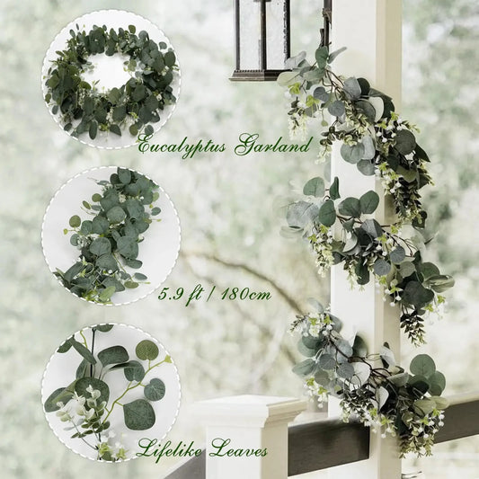 1pc Artificial Eucalyptus Leaves Greenery Garland Faux Plant Spring Vines with White Flowers Berries for Wedding Home Party D