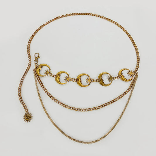 Fashion Vintage Gold Chain Belt Female Goth Moon Metal Designer Belts For Women Female Waist Tassle Goth Dress Cors