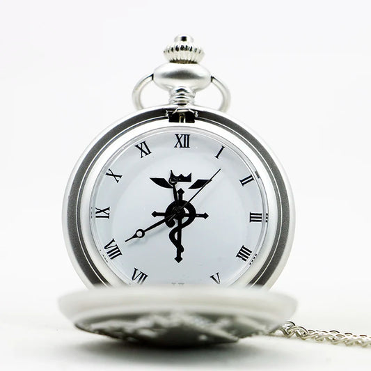 Antique Silver Fullmetal Alchemist Necklace Pendant Quartz Pocket Watch With Chain Gift