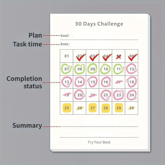 30 Day Self-Discipline Checklist Planner Daily Challenge Notepad Self-adhesive Memo Pads Mini Pocket Checklist Writing Pads