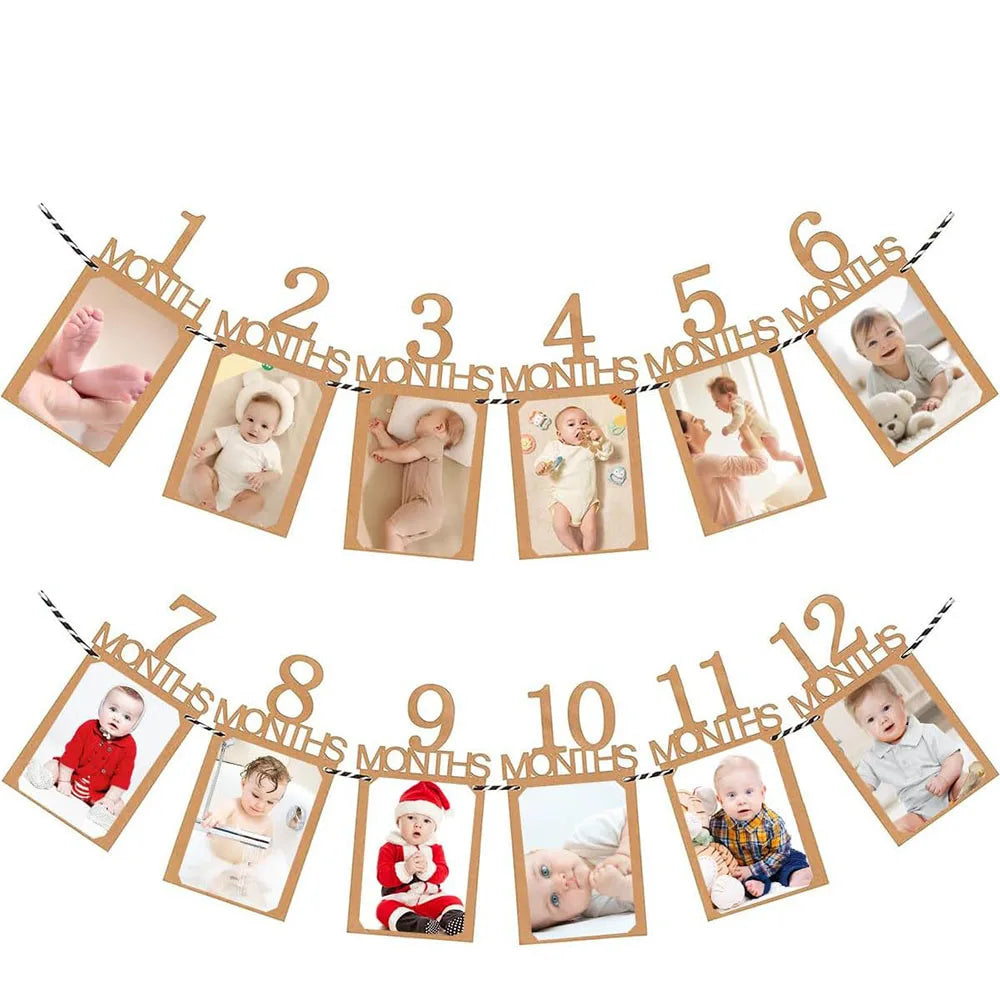 Baby First Birthday Banner, kraft paper Growth Record 1-12 Month Photo Props Baby Boy Girl Party Decoration Supplies - kraft