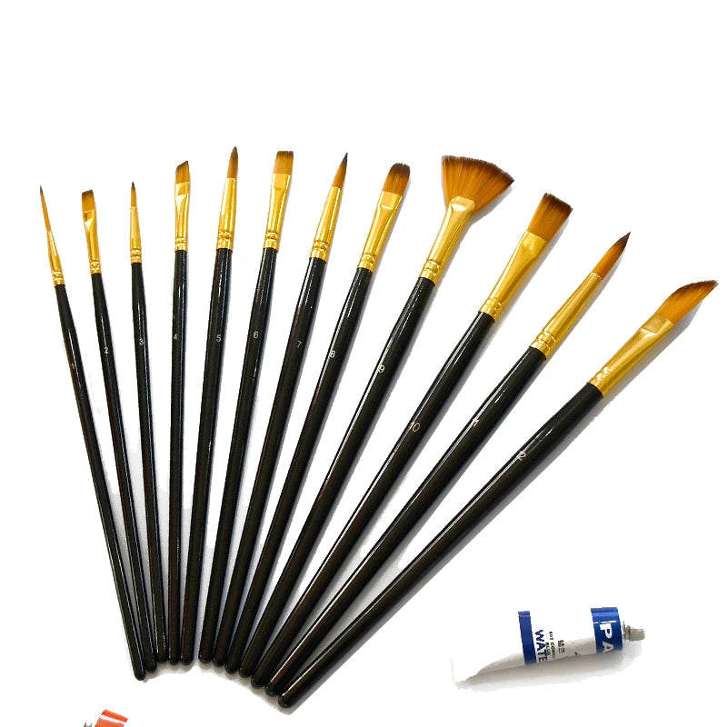 Multi-functional Watercolor Gouache 12 Pcs Short Wood Rod Oil Painting Brush Set Art Tool Beginner Nylon Hair Acrylic Materia