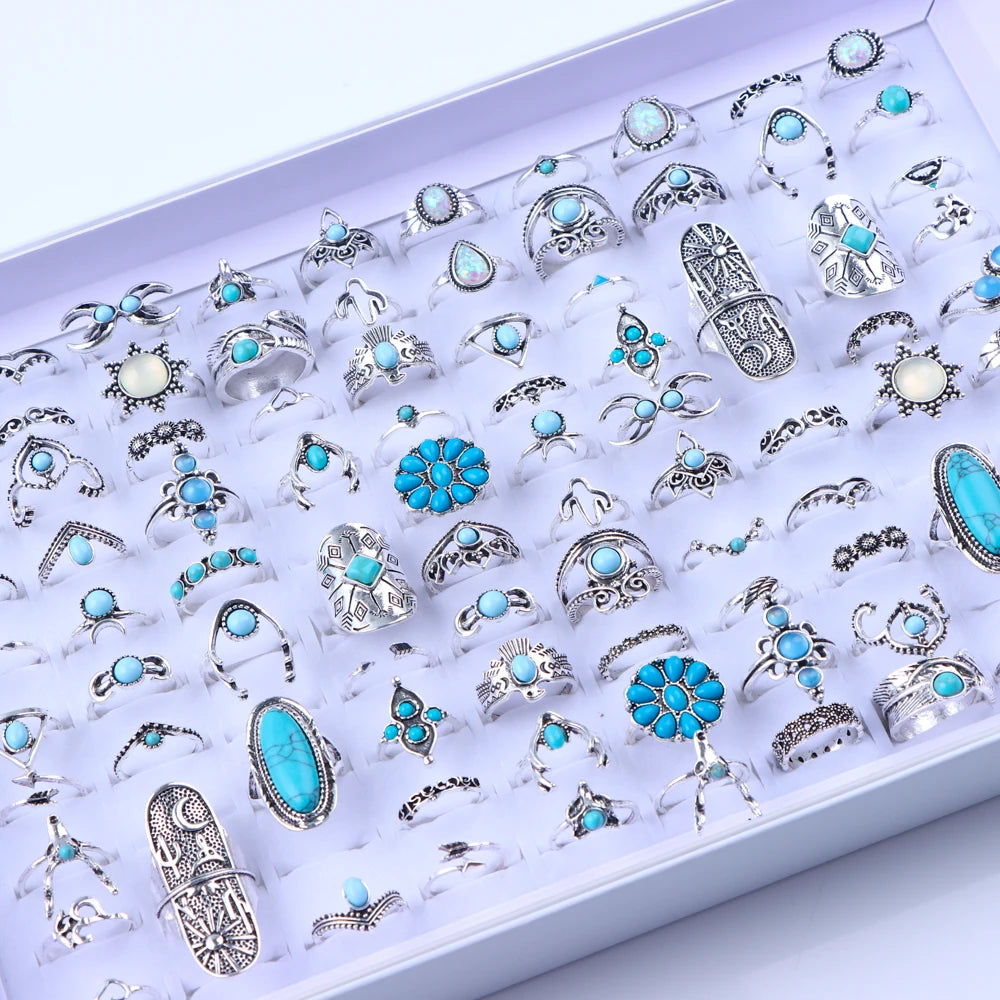 20/30Pcs/Lot Vintage Boho Glass Turquoise Rings Fashion Women Vacation Style Daily Festival Jewelry Party Decoration Gifts