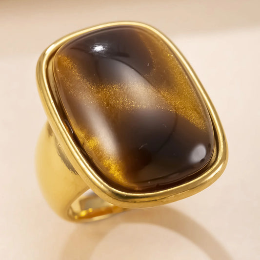 Vintage Natural Stone Ring for Women Stainless Steel Gold Color Ring Gold Plated No-Fading Jewelry