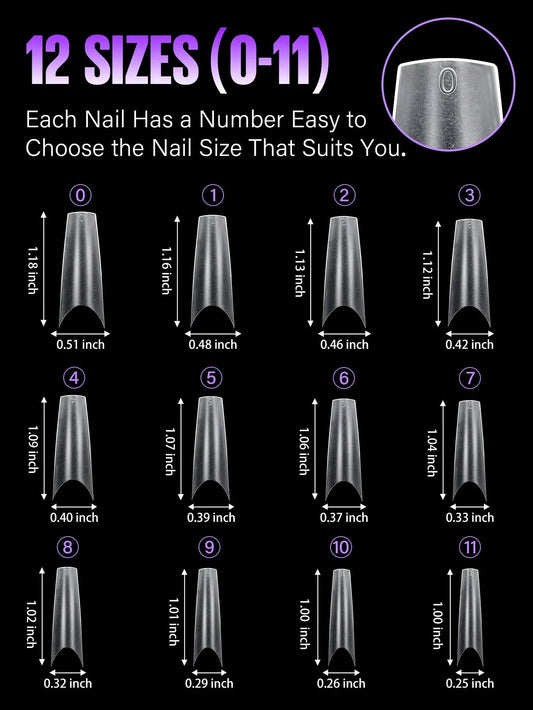 180 Extreme Coffin Shaped Fake Nails, 12 Sizes of Semi Capped Acrylic Nail Tips, Used for Nail Coverage Extension or Pressing