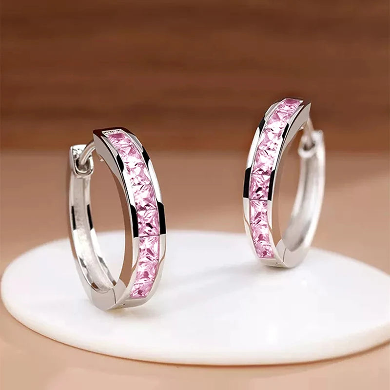 Huitan Classic Design Women Hoop Earrings Full with Princess Square CZ Simple and Elegant Female Accessories Versatile Jewelr