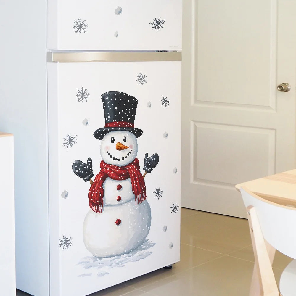 Christmas Snowman Snowflake Wall Stickers Fridge New Year Decoration Mural Cartoon Room Beautify Home Decor Self-adhesive Dec