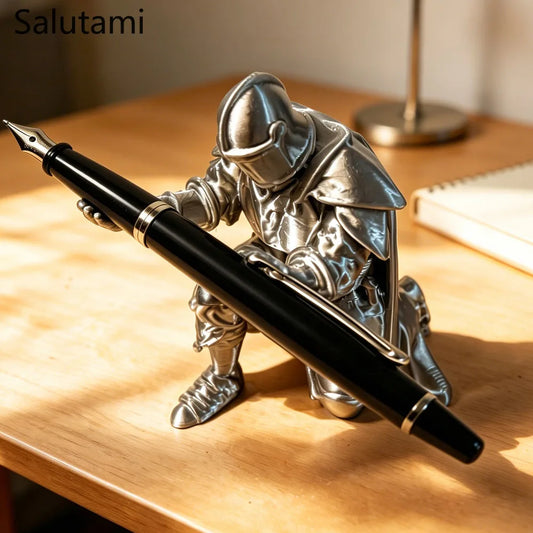 Pen Holder 3D Printed Medieval Knight Black Silver Warrior Statue Desk Organizer Creative Office Desktop Decor Stationery Gif