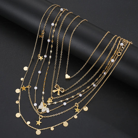 17pcs Fashion Minimalist Jewelry Set For Women Vintage Twist Snake Bone Heart Butterfly Star Pendant Necklace Bracelet Sets G