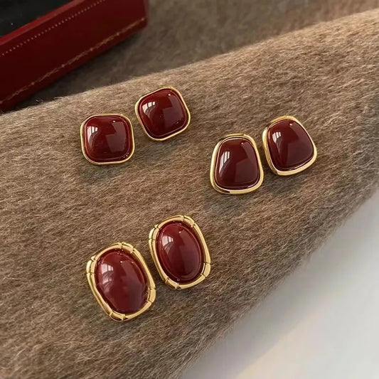 Vintage Enamel Wine Red Metal Stud Earrings for Women Fashion Geometric Square Earrings Elegant Wedding Jewelry Accessories