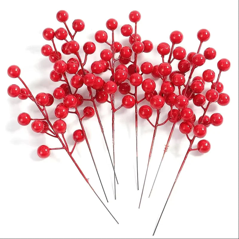 10Pcs Christmas Decoration Artificial Pine Branches Holly Berries Red Berry Branches for Christmas Tree Wreath Gifts Decorati