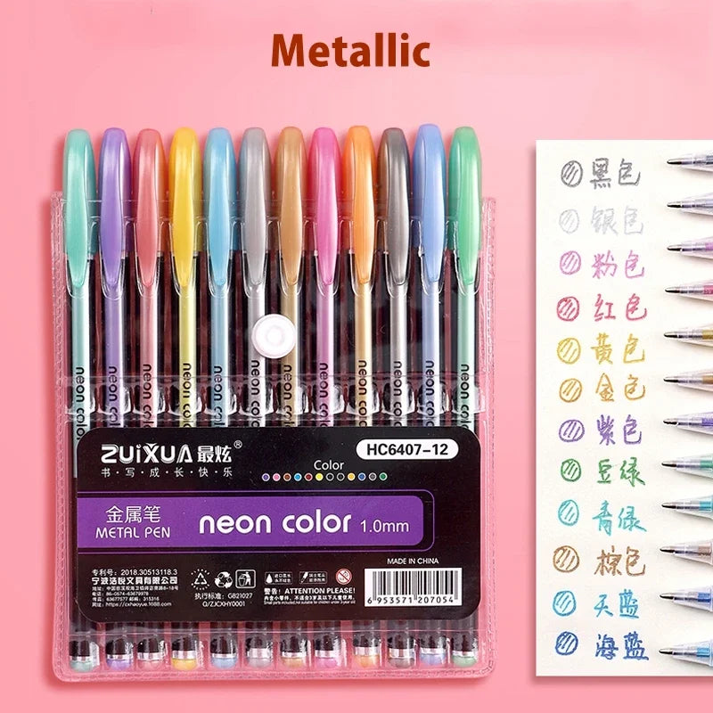 12/24Pcs Metallic Glitter Colors Gel Pens & Pen Refills For School Office Adult Coloring Book Journals Drawing Art Markers -