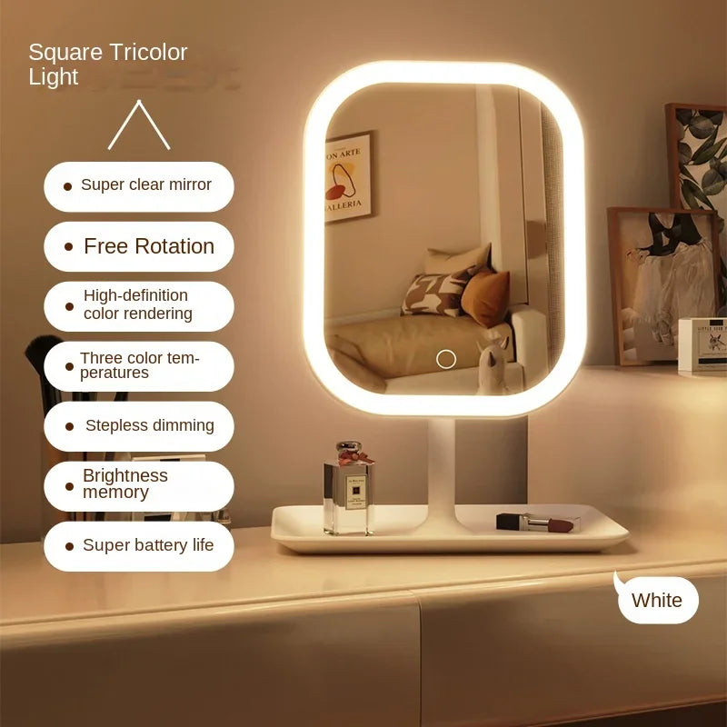 Unique Designer Vanity Mirror Three ColorsLEDLight Makeup Mirror Touch Control Desktop Mirror Bedroom Dressing Mirror - White