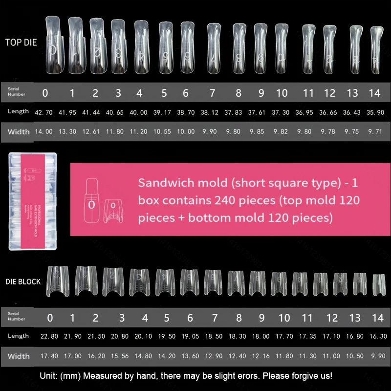 Dual-Form Nail Forms, 240 Pieces, Base and Top Molds, Nail Molds, Can Quickly Extend Nails, No Paper Form Needed, 15 Sizes Pl