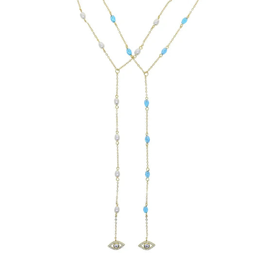Long Y Lariat Chain for Women Blue Bead Charm Cute Lovely Eye Pendant Sexy Women Y Lariat Necklace